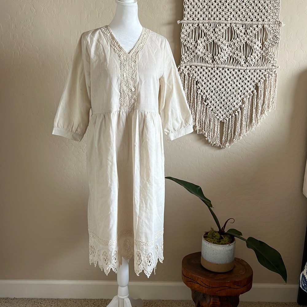 Roolee Linen Embroidered Lace Oatmeal Midi Dress (S)